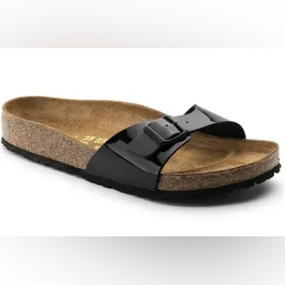 Birkenstock Madrid Black Patent Arizona Two-Strap Slide Sandals